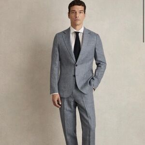 $770 NWT Reiss “Reef” Mens 100% Linen Plaid Slim Fit Suit. Size 44/38